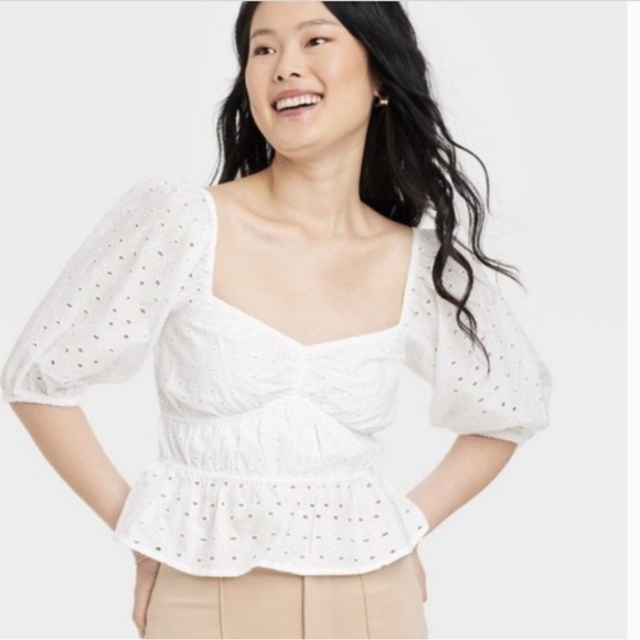 A NEW DAY Eyelet Corset Puff Elbow Sleeve Ruffled Peplum Crop Top White M - Picture 1 of 9